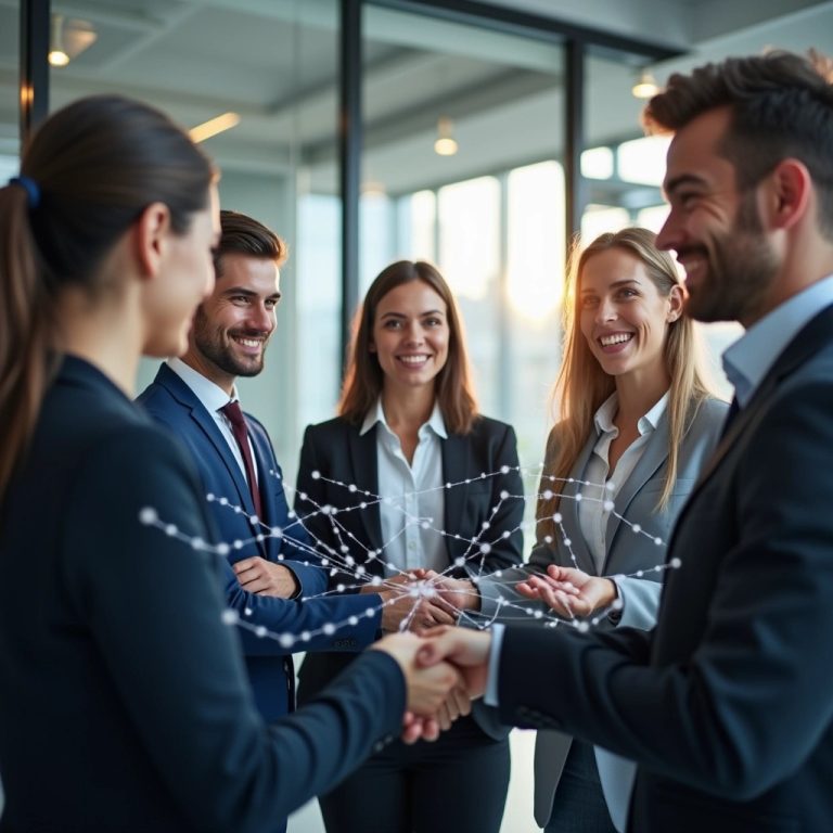 profissionais diversos emn contexto de networking trocando cartões ou apertos de mãos