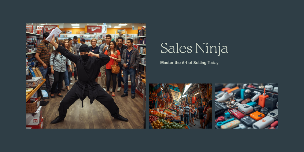 vendedor vestido de ninja no meio de clientes e produtos.